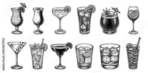 Set of vintage cocktails illustrations in black and white
