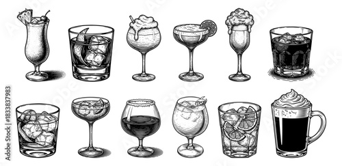 Set of vintage cocktail illustrations in black and white