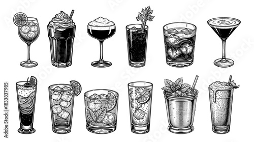 Set of vintage cocktail illustrations in black and white