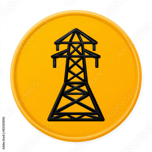 3D rendered electricity pylon icon in black and yellow representing energy infrastructure, isolated on white