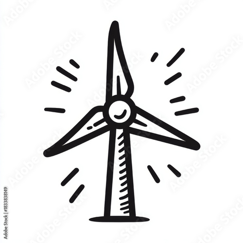 Hand-drawn wind turbine doodle in black and white representing renewable energy, isolated on white