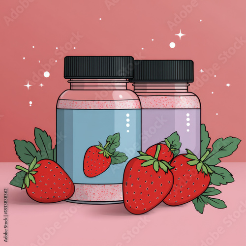 Cartoon illustration of strawberry supplement jars in pink and red representing vitamins and healthy nutrition against a pink sparkling background