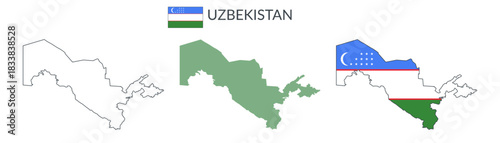 Uzbekistan geographical borders isolated on white background. Flag of Uzbekistan. Vector flat cliparts.