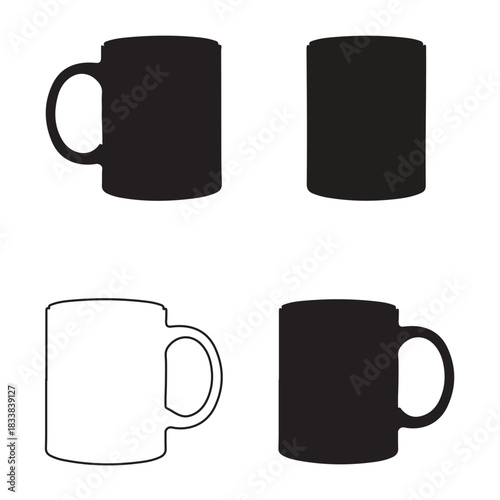 The image displays four mugs on a white background, arranged in a 2x2 grid. The top row features two solid black mugs, one on the left and one on the right. The bottom row shows a white outlined mug 