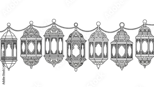 Ornate lantern string illustration; a decorative row of hanging lamps, detailed black and white line art.