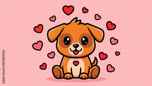 Cartoon dog sitting surrounded by floating hearts, with a heart on its chest, against a pink background.