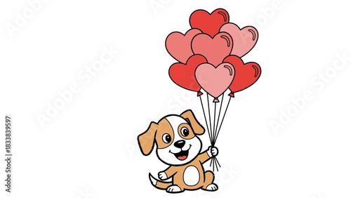 Cartoon dog holding a bunch of heart-shaped balloons, creating a cheerful and loving image.