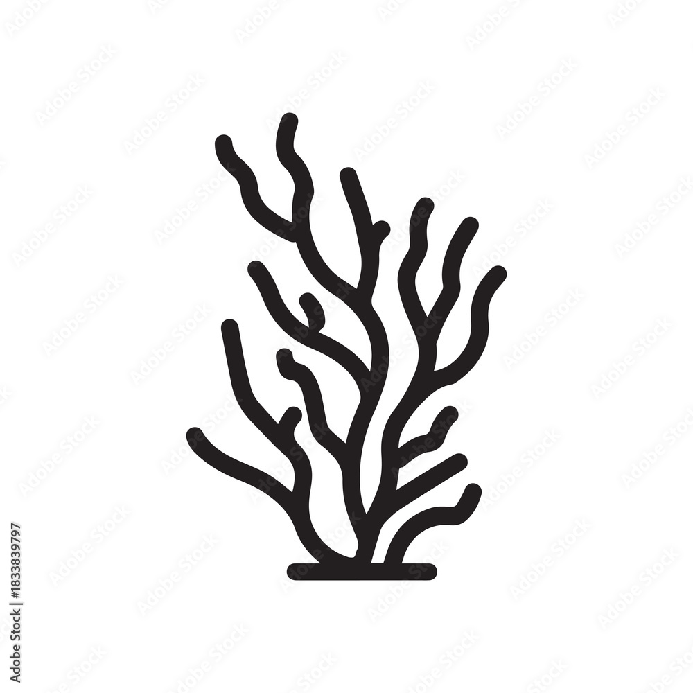 Obraz premium Coral wavy branches Black outline illustration resemble marine vegetation white background.
