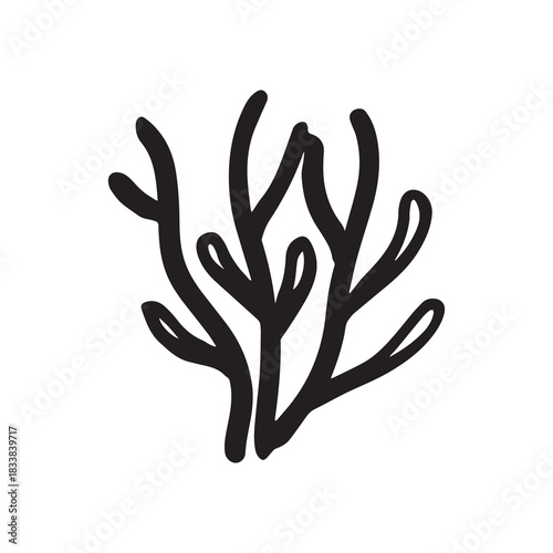 Coral wavy branches Black outline illustration resemble marine vegetation white background.