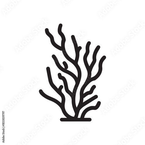 Coral wavy branches Black outline illustration resemble marine vegetation white background.