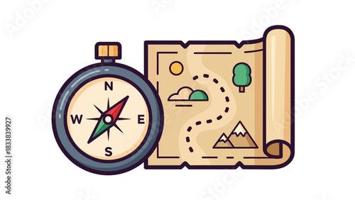A colorful compass next to a detailed treasure map illustrating various landscapes and paths
