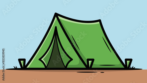 Green camping tent set against a clear blue sky, surrounded by grass and natural scenery
