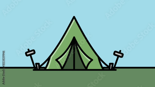 Green camping tent set against a clear blue sky with stakes securing it in a serene outdoor scene