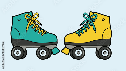 Colorful roller skates in teal and yellow facing each other on a light blue background