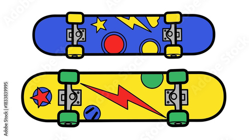 Colorful skateboard designs with playful patterns and shapes on a white background