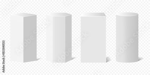 3D White Pedestal Set with Square Column, Hexagonal Column, and Cylinder – Realistic Geometric Podiums for Product Display, Exhibition Stand, Gallery Showcase, and Award Presentation
