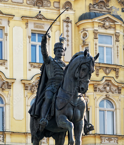 Ban Josip Jelacic Monument in the main square Ban Jelacic, Zagreb, Croatia. The statue is a symbol of Croatian history and popular meeting point.