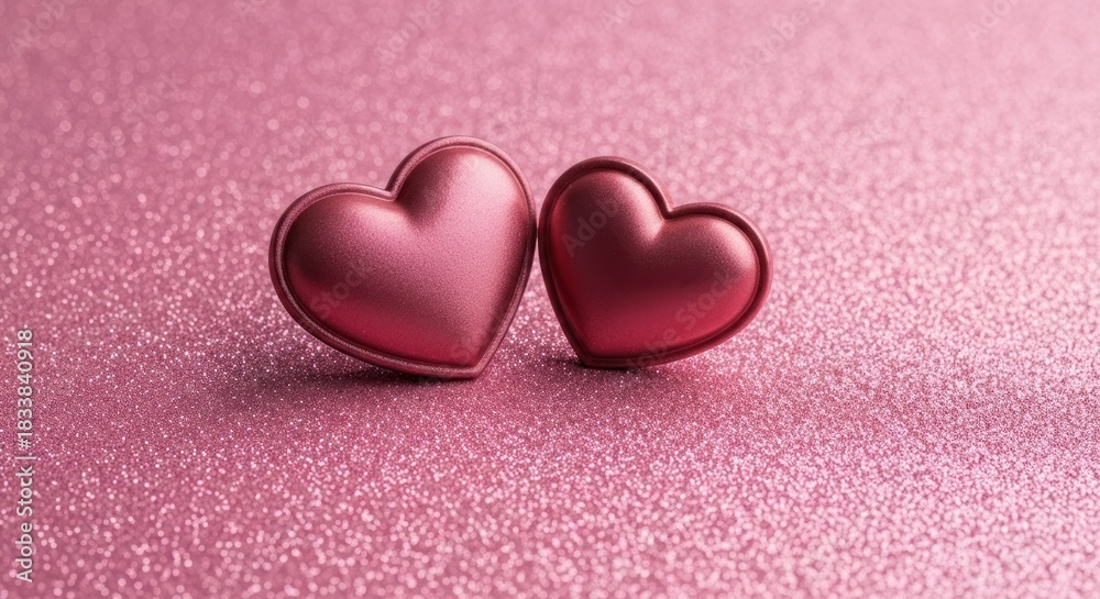 Obraz premium Two glossy, heart-shaped objects sit on a sparkling pink surface