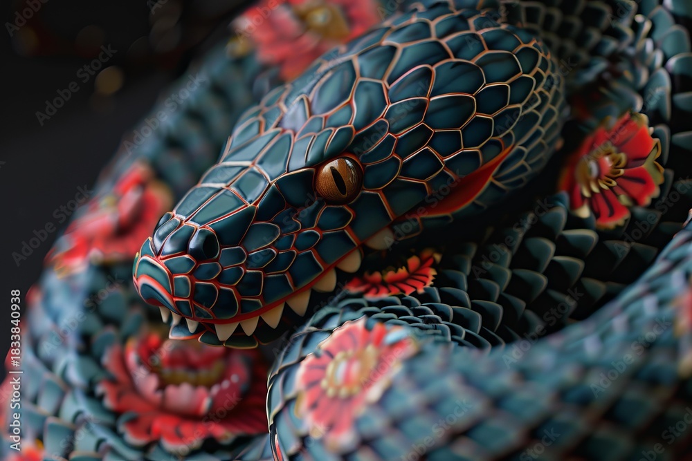 Obraz premium 3d render of a blue snake with red floral pattern showing its fangs