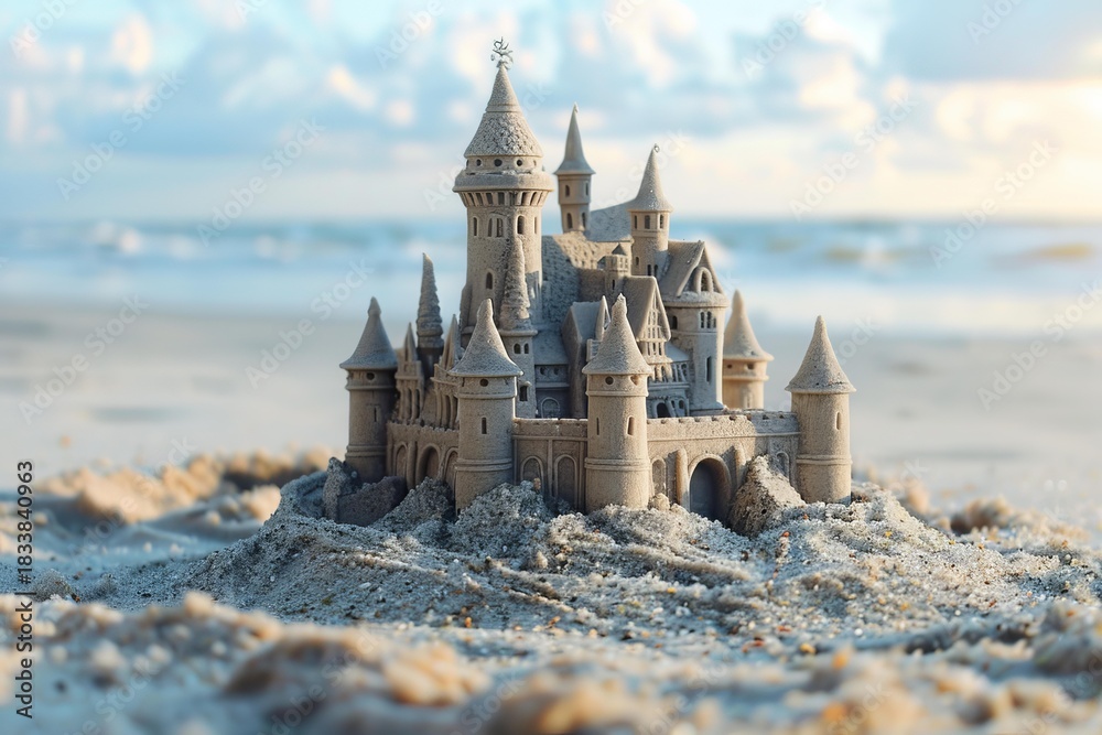 Fototapeta premium Intricate sandcastle stands proudly on the beach as the sun sets, creating a magical and ephemeral scene