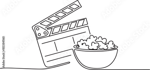 Clapper board and glass of popcorn continuous one line drawing. Movie scene episode production concept. one line Icon drawing