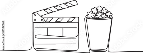 Clapper board and glass of popcorn continuous one line drawing. Movie scene episode production concept. one line Icon drawing