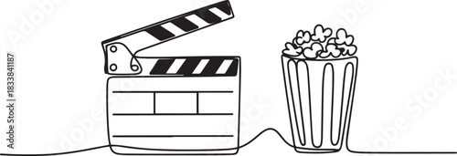 Clapper board and glass of popcorn continuous one line drawing. Movie scene episode production concept. one line Icon drawing