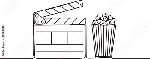 Clapper board and glass of popcorn continuous one line drawing. Movie scene episode production concept. one line Icon drawing