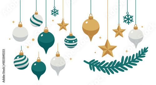 Festive christmas ornaments with stars and snowflakes hanging on strings