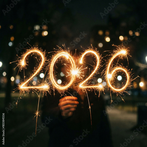 2026 new year celebration with glowing sparkler light at night