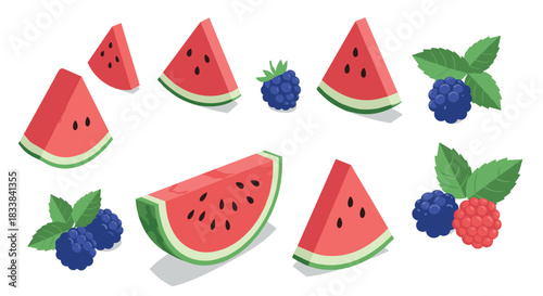 Fresh fruit collection featuring watermelon slices and mixed berries on white background
