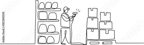 Warehouse workers are scanning goods. Warehousing concept one-line drawing. one line Icon drawing