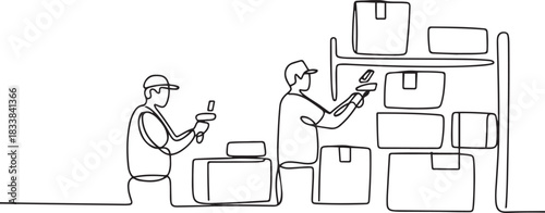 Warehouse workers are scanning goods. Warehousing concept one-line drawing. one line Icon drawing