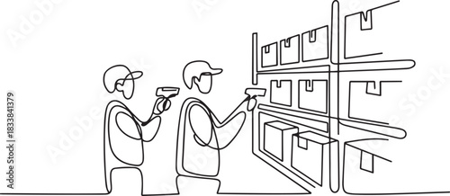 Warehouse workers are scanning goods. Warehousing concept one-line drawing. one line Icon drawing