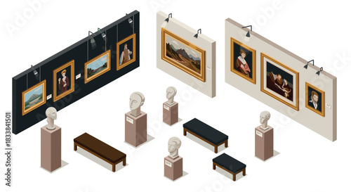 Isometric art gallery with sculptures and paintings on display