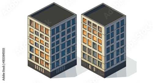 Modern isometric urban architecture with twin apartment buildings