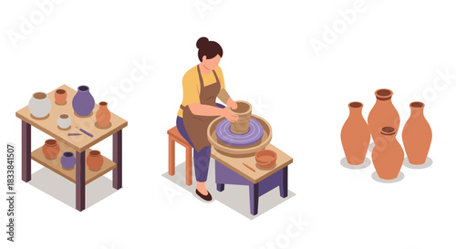 Isometric pottery workshop: artisan crafting on wheel with finished clay vases