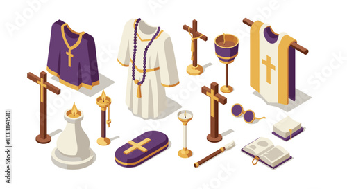 Isometric religious symbols and priest garments in purple and gold