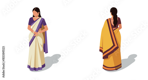 Isometric traditional indian women in white and yellow sarees