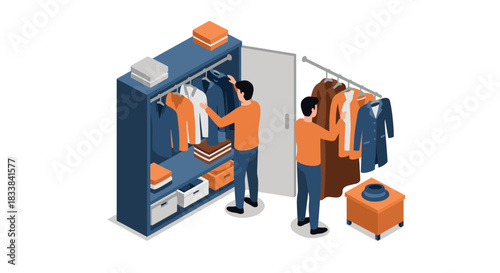 Isometric closet organization with man choosing clothes in modern wardrobe