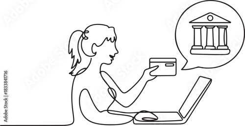 A woman completes an online transaction. Internet banking one-line drawing. one line Icon drawing