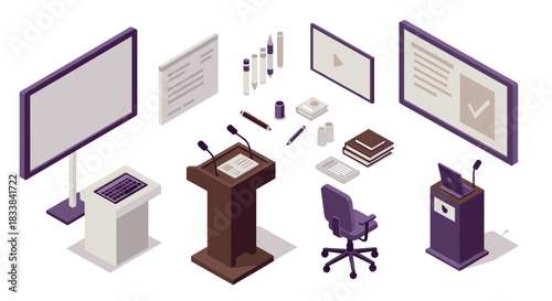 Isometric office presentation setup with technology and stationery elements