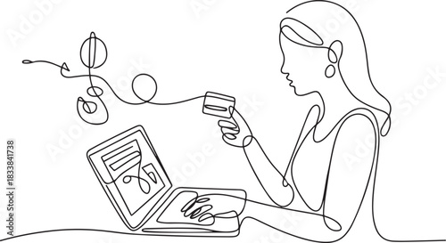 A woman completes an online transaction. Internet banking one-line drawing. one line Icon drawing