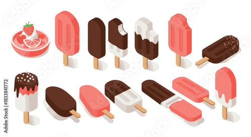 Isometric ice cream bars and popsicles with fruit bowl on white background