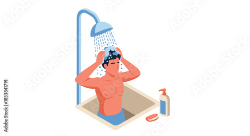 Surreal isometric scene of man showering in a sink with soap and shampoo