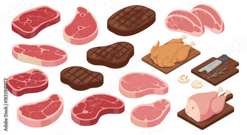 Isometric meat selection with steak and poultry on cutting boards