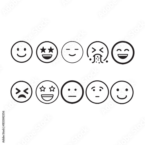 This image displays a grid of ten black and white emoji icons. The top row features a smiling face, a face with star eyes, a closed-eye face, a face vomiting, and a laughing face. The bottom row shows