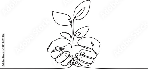 Continuous one line drawing of Hands holding growing seedlings. Single line drawing illustration of Hands holding leaf. one line Icon drawing