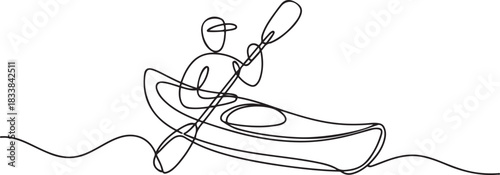 Single continuous line drawing canoe trails and rafting club with kayaking equipment, boat icon continuous one line drawing. one line Icon drawing