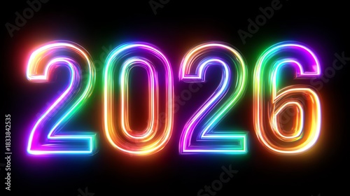 A vibrant, glowing representation of the year 2026 in colorful neon lights, ideal for celebrating future events and festivities. Perfect for New Year themes or advertisements.